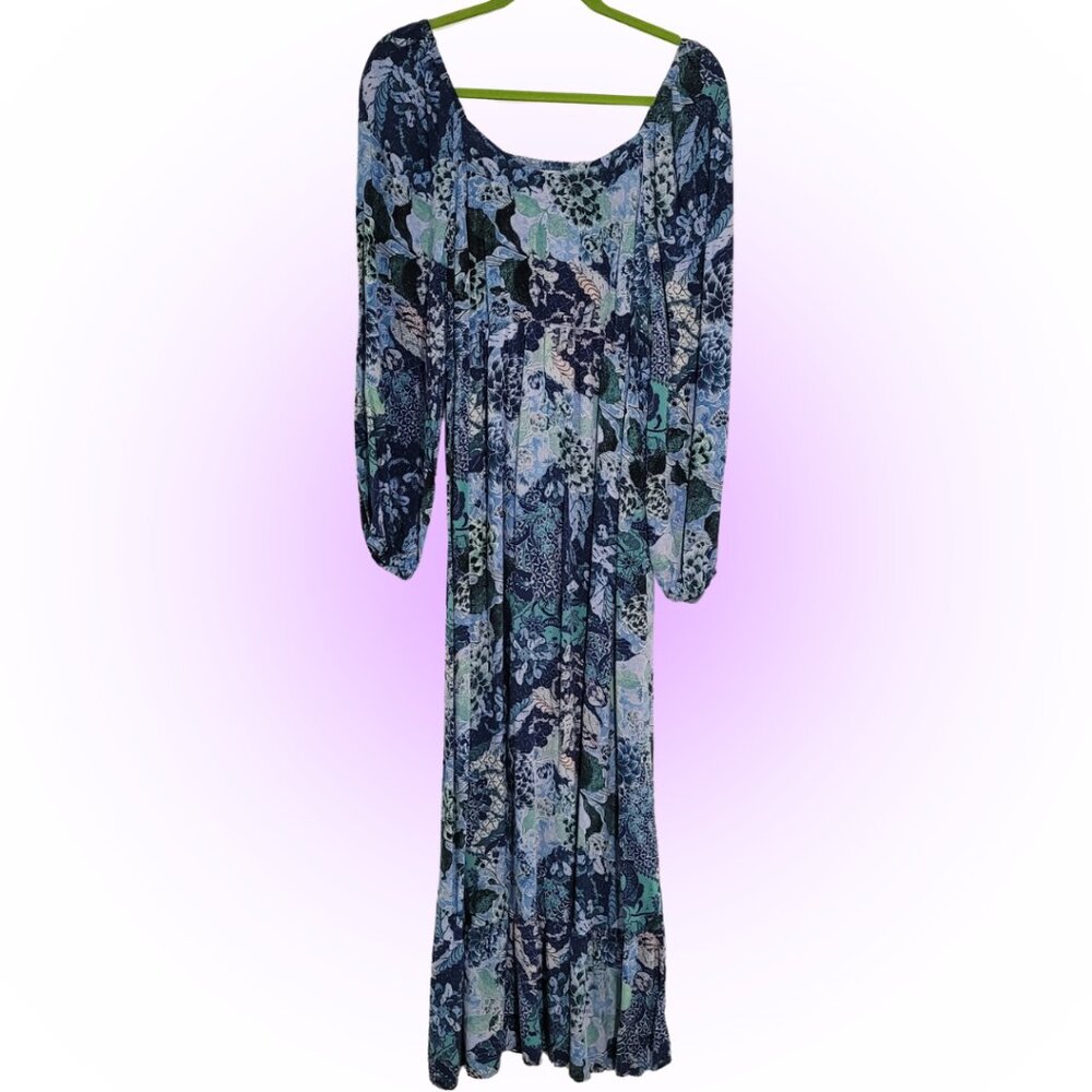 BLUE FLORAL RUCHED WOMEN'S LONG SLEEVE DRESS EUC 1X 16 18